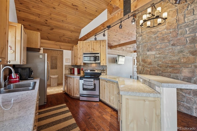 2555 New Mill Gulch Rd, Canon City, CO 81212 - kitchen with appliances with stainless steel finishes, a sink, light countertops, wood ceiling with exposed beams, and dark wood-type flooring