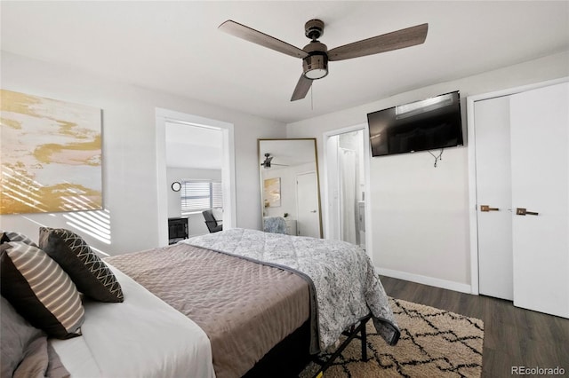 bedroom featuring baseboards, ceiling fan, and wood finished floors