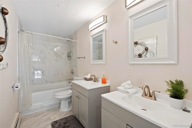 bathroom featuring shower / tub combo with curtain, marble finish floor, toilet, a baseboard radiator, and vanity