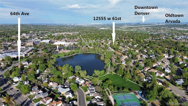 aerial view featuring a water view and a residential view