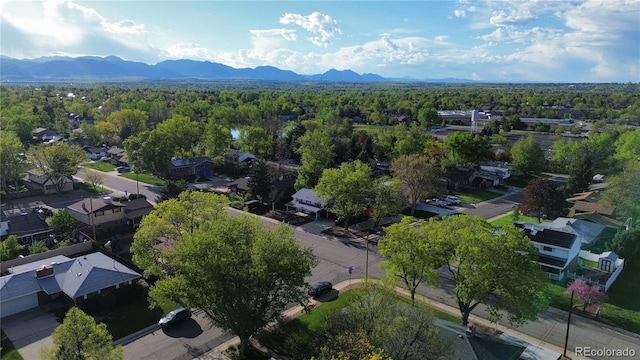 aerial view with a mountain view and a wooded view