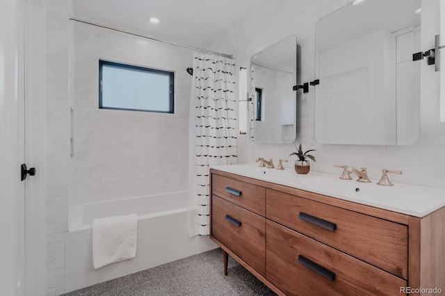 bathroom featuring vanity and shower / bath combo with shower curtain