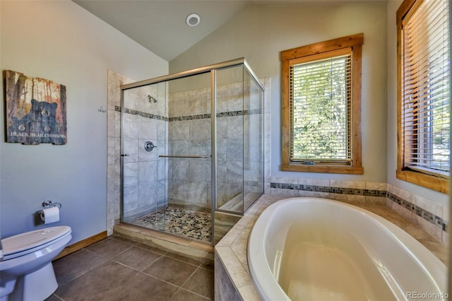 bathroom featuring toilet, plus walk in shower, vaulted ceiling, and a wealth of natural light