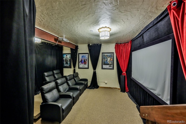 cinema with carpet floors and a textured ceiling