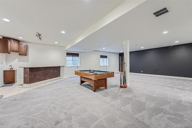 23993 E Briarwood Dr, Aurora, CO 80016 - playroom featuring light carpet, billiards table, recessed lighting, and bar