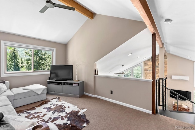 carpeted living room with ceiling fan, a wall mounted AC, and lofted ceiling with beams