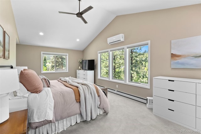 bedroom with baseboard heating, lofted ceiling, light carpet, a wall mounted AC, and ceiling fan