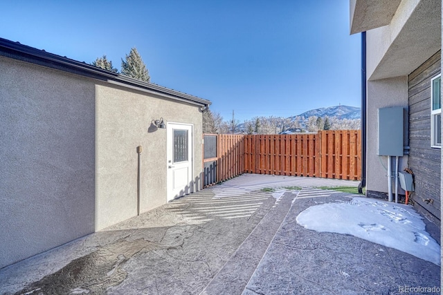 view of patio with a mountain view