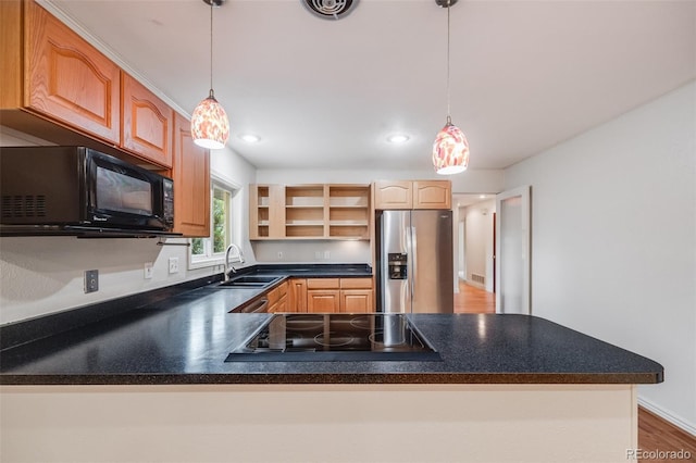 7382 E Bates Dr, Denver, CO 80231 - kitchen featuring black appliances, a peninsula, dark countertops, open shelves, and decorative light fixtures
