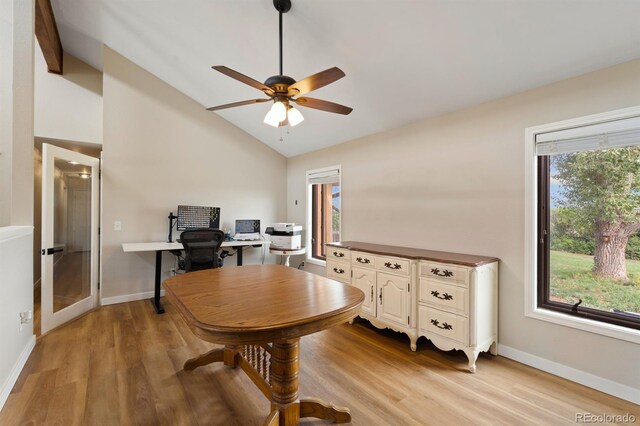 office with ceiling fan, light wood-type flooring, and lofted ceiling