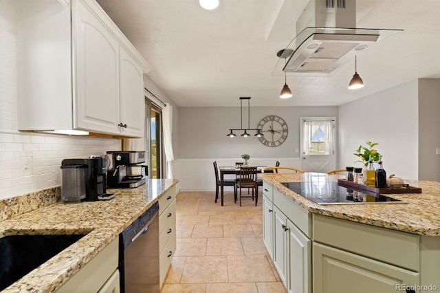 kitchen with decorative backsplash, light stone countertops, dishwashing machine, light tile patterned floors, and hanging light fixtures