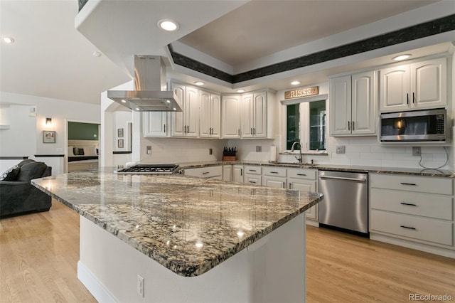 kitchen with backsplash, exhaust hood, light wood-type flooring, and appliances with stainless steel finishes