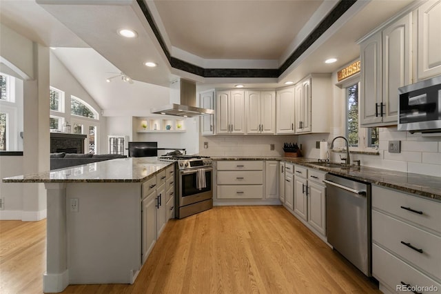 kitchen with wall chimney range hood, light hardwood / wood-style flooring, stainless steel appliances, tasteful backsplash, and sink