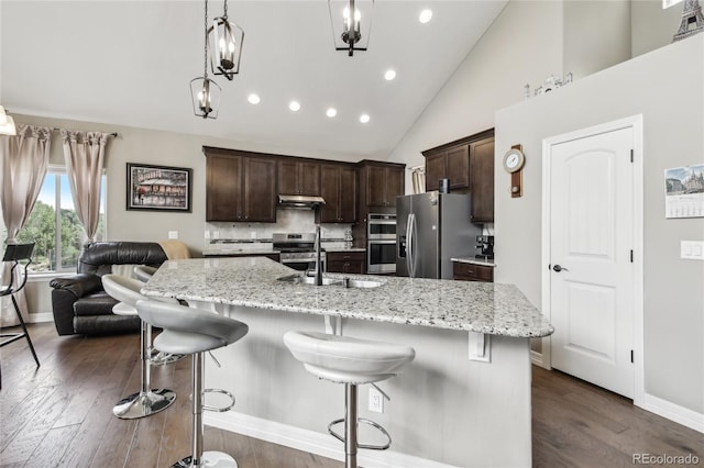 kitchen featuring stainless steel appliances, a kitchen breakfast bar, dark hardwood / wood-style floors, and high vaulted ceiling