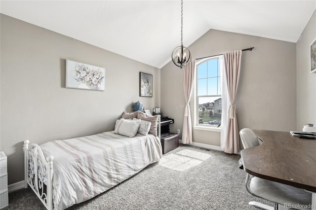 carpeted bedroom with vaulted ceiling and a notable chandelier