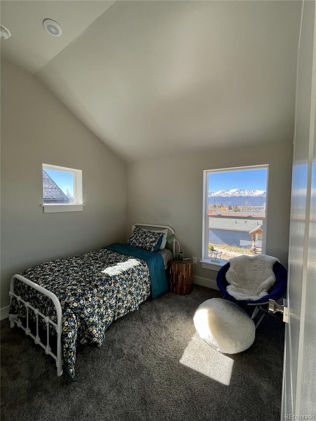 bedroom featuring carpet, multiple windows, and lofted ceiling