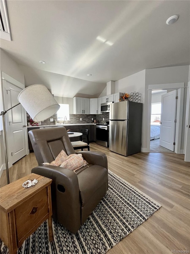 living room with light hardwood / wood-style floors and lofted ceiling