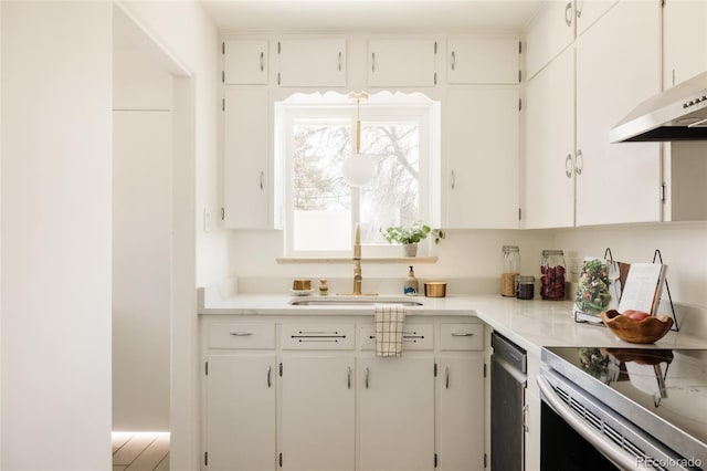 kitchen featuring white cabinetry, a sink, and dishwasher