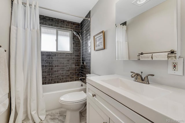 bathroom with shower / bathtub combination with curtain, toilet, and vanity