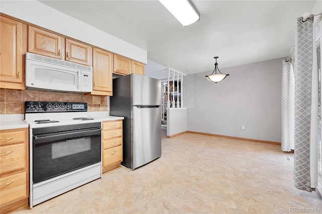 kitchen featuring light brown cabinetry, white appliances, decorative light fixtures, and tasteful backsplash