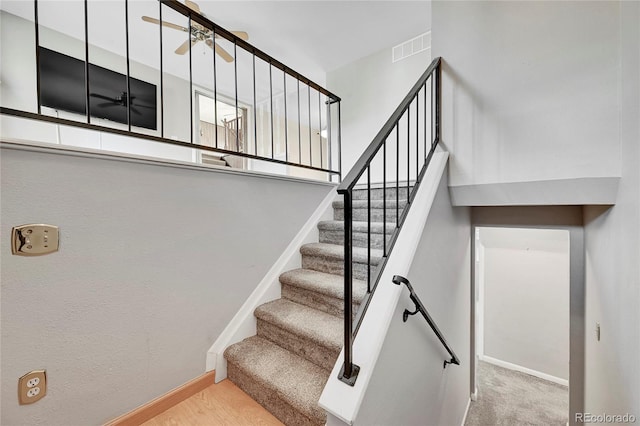 stairs with ceiling fan and carpet floors