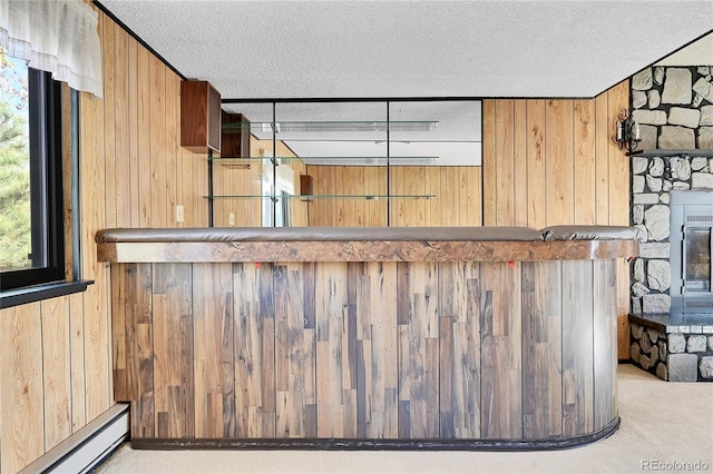 bar featuring light carpet, a textured ceiling, a baseboard heating unit, a stone fireplace, and wood walls