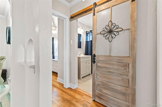 hallway with sink, crown molding, light hardwood / wood-style floors, and a barn door