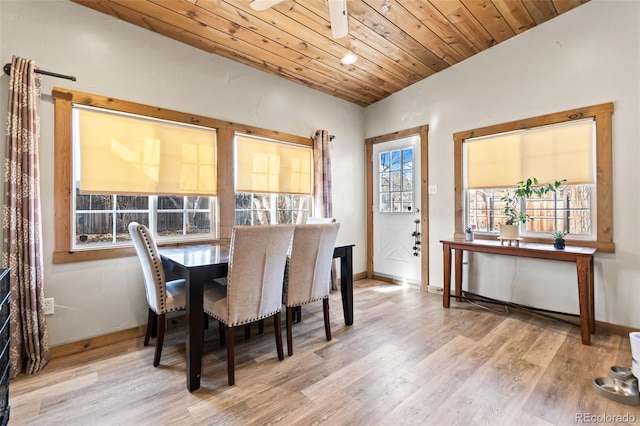 dining space featuring wood ceiling, a healthy amount of sunlight, and light wood-type flooring