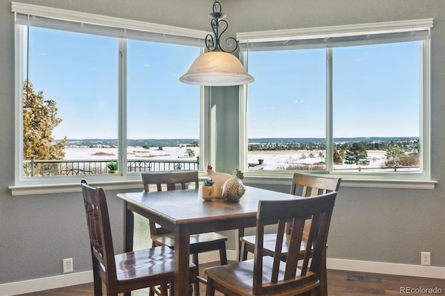 dining area featuring hardwood / wood-style floors and a water view