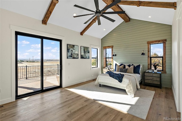 bedroom with beam ceiling, access to exterior, ceiling fan, high vaulted ceiling, and wood-type flooring