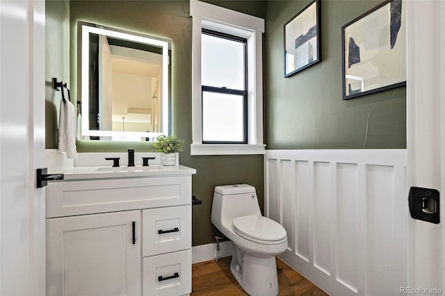 bathroom with vanity, hardwood / wood-style flooring, and toilet