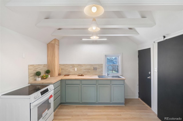 4636 Leaf Ct, Denver, CO 80216 - kitchen featuring a sink, white range with electric cooktop, decorative backsplash, and light wood-style floors