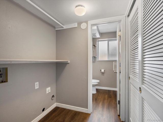 1642 S Salida Way, Aurora, CO 80017 - washroom featuring dark wood finished floors, washer hookup, baseboards, and hookup for an electric dryer