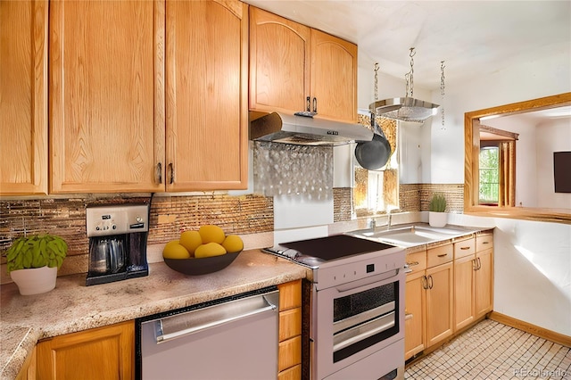 kitchen with exhaust hood, a sink, dishwasher, light countertops, and white electric stove