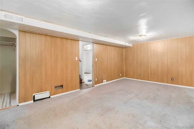 basement featuring wooden walls and carpet