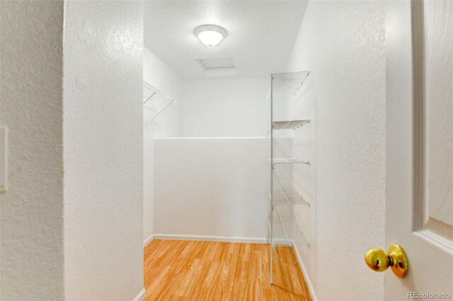 walk in closet with attic access and wood finished floors