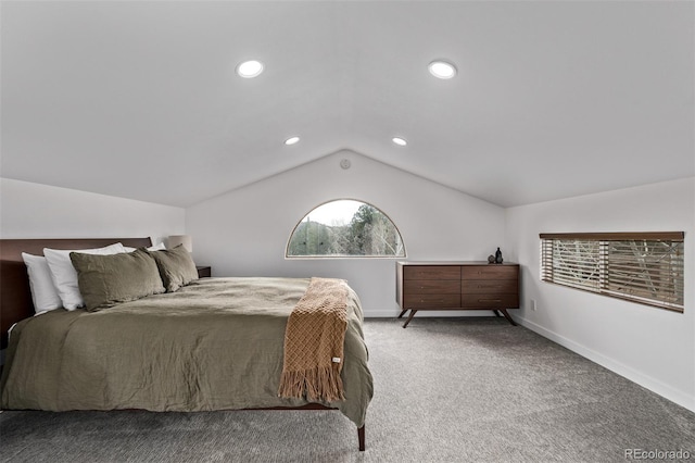 carpeted bedroom featuring vaulted ceiling, baseboards, and recessed lighting