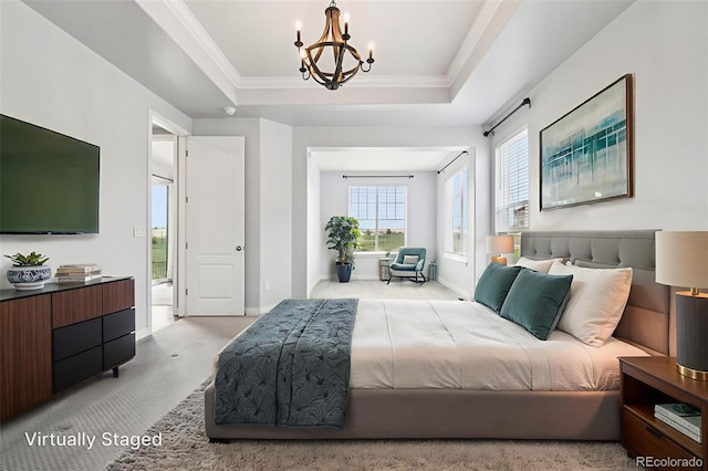 27196 E Alder Dr, Aurora, CO 80016 - bedroom with carpet, a chandelier, a tray ceiling, and crown molding