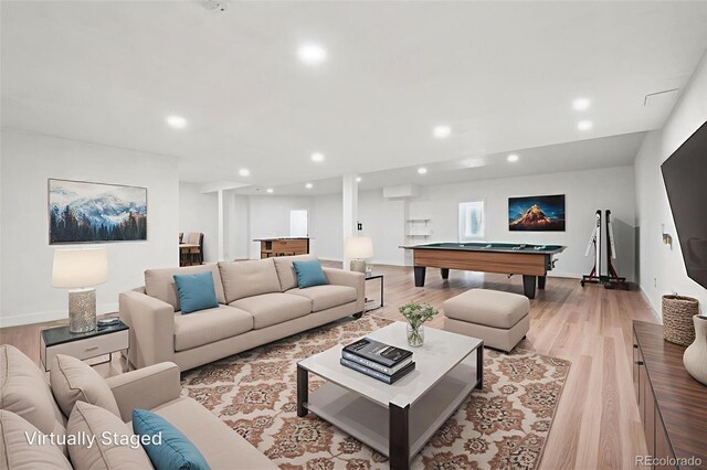 27196 E Alder Dr, Aurora, CO 80016 - living room with pool table, recessed lighting, and light wood-style floors