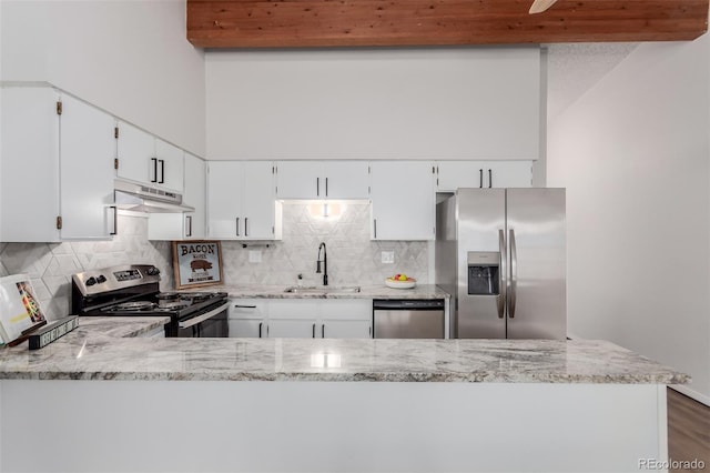 2620 S Federal Blvd Unit K, Denver, CO 80219 - kitchen with stainless steel appliances, under cabinet range hood, light stone countertops, and a peninsula