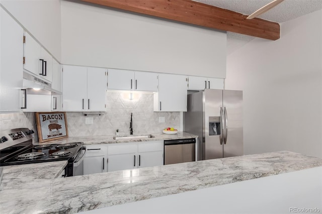 2620 S Federal Blvd Unit K, Denver, CO 80219 - kitchen featuring appliances with stainless steel finishes, under cabinet range hood, backsplash, a textured ceiling, and beamed ceiling