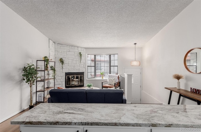 2620 S Federal Blvd Unit K, Denver, CO 80219 - living room with a textured ceiling, wood finished floors, and a stone fireplace