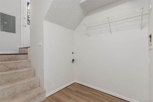 2620 S Federal Blvd Unit K, Denver, CO 80219 - walk in closet featuring electric panel, wood finished floors, and vaulted ceiling