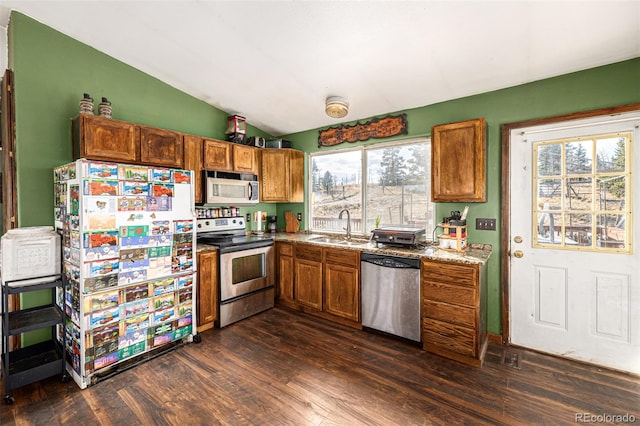 kitchen featuring sink, appliances with stainless steel finishes, dark hardwood / wood-style flooring, and lofted ceiling