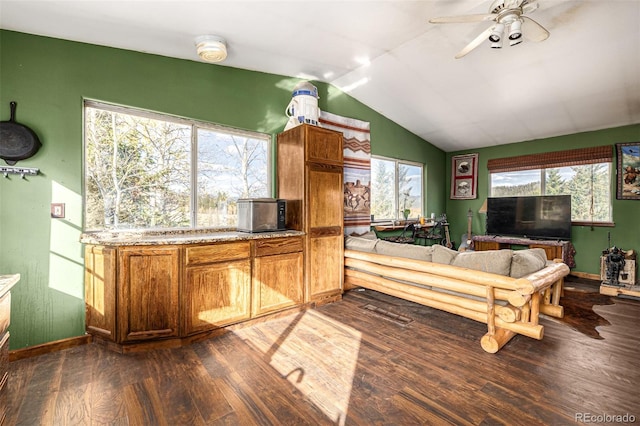 interior space featuring ceiling fan, lofted ceiling, plenty of natural light, and dark hardwood / wood-style flooring