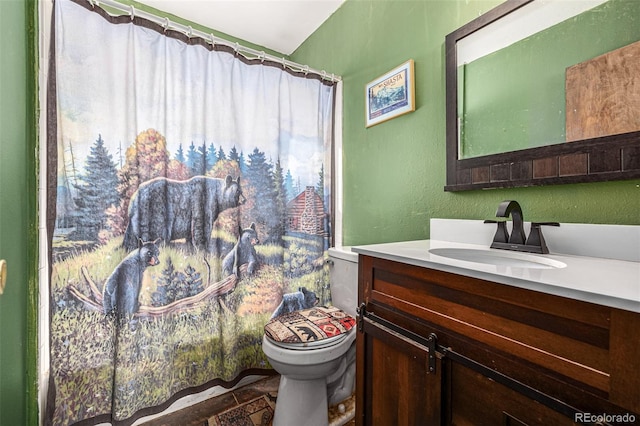 bathroom featuring a shower with curtain, vanity, and toilet