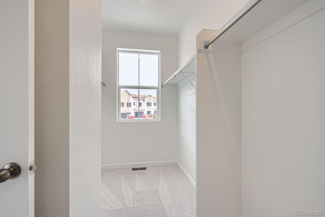 walk in closet with light colored carpet