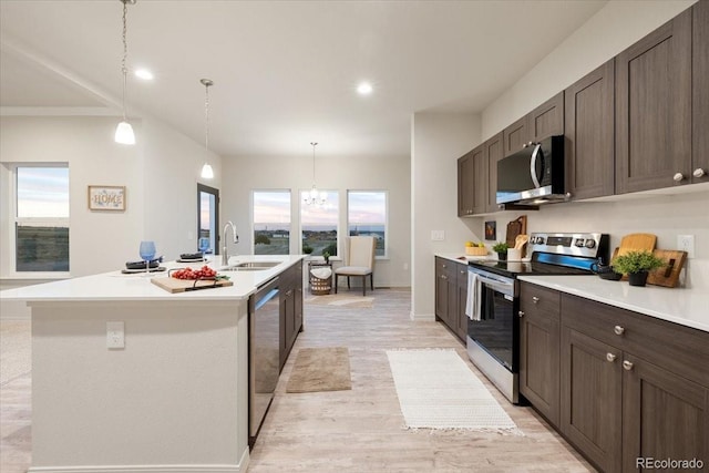 kitchen with stainless steel appliances, pendant lighting, sink, and a center island with sink