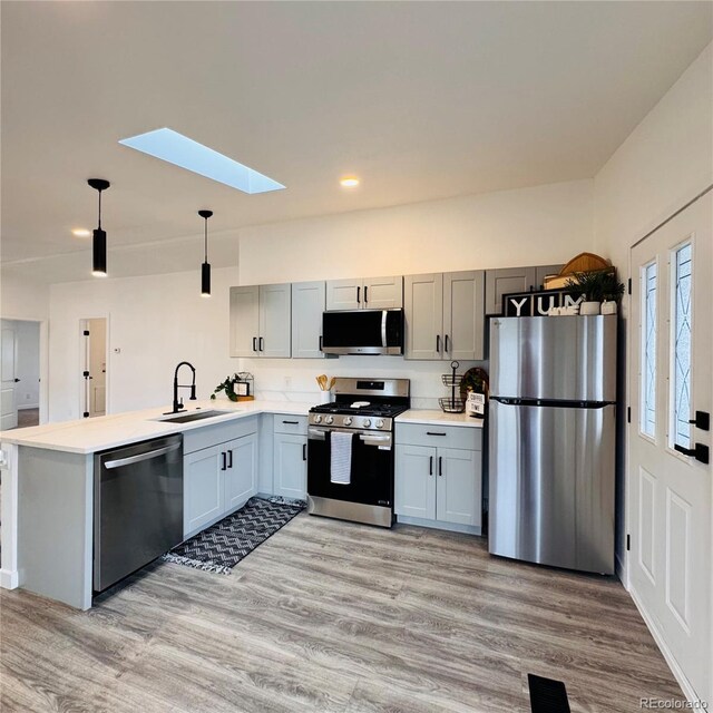 7200 E State Highway 14 Unit 27, Fort Collins, CO 80524 - kitchen with stainless steel appliances, a sink, a skylight, a peninsula, and light wood-style flooring