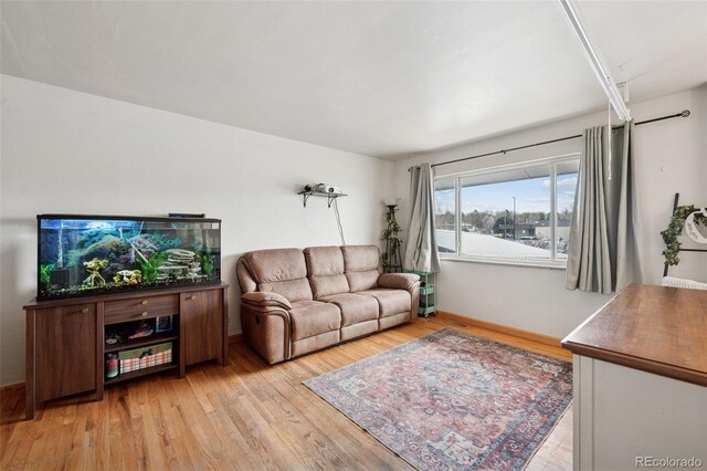 living room with baseboards and light wood finished floors